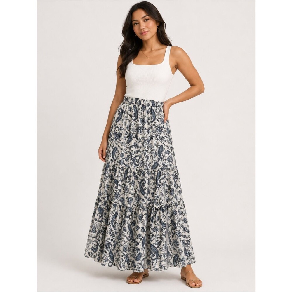 Single Thread Paisley Tiered Maxi Skirt Elastic Waist Boho Blue White XL NEW